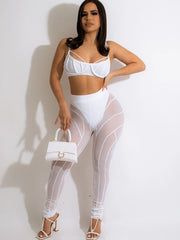 Kliou Sexy Attirewear Two Piece Set Women Solid Skinny Cleavage Camisole+Mesh Patchwork See Through Slim Pants High Street Suits