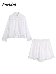 Hollow Out Corset Cotton White Women Blouse Shorts Set Office Casual Summer Spring Beach Suits Wide Leg Shorts Suit Outfits 2023