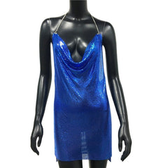 Backless Sequin Short Dress Metalic Split Mesh Low Cut Mini Dress