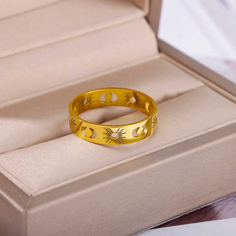 Stainelss Steel Sun Moon Rings For Women Aesthetic Gold Plated Wedding Couple Rings Christmas Jewelry Gift Anillos Wholesale