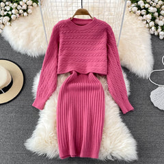 Elegant Slim Two Piece Sets Sweater Dress High Waist Knitted Ensemble Long Dress