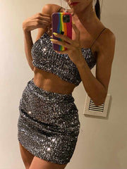 Skirt Two Piece Sets Womens Outifits Crop Top Black Mini Skirts Y2K Glitter Sequin Party Club Sexy Festival Clothing Female Suit
