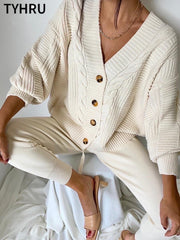 TYHRU Women Knitting 2-pieces sweater Suit Hemp Flower V-neck Single-Breasted cardigan + Pants lady winter sweater Set