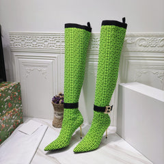 Pointed Toe Metal Buckle Elastic Socks Boots Over The Knee Boots Leather Stitching Boots
