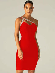 Sexy One Shoulder Diamond Hollow Bodycon Bandage Dress Elegant Crystal Strap Celebrity Club Party Black Dress vestido