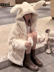 Nerazzurri Spring fluffy jacket with rabbit ears raglan sleeve zipper Oversize light soft harajuku kawaii faux fur hoodie 2021