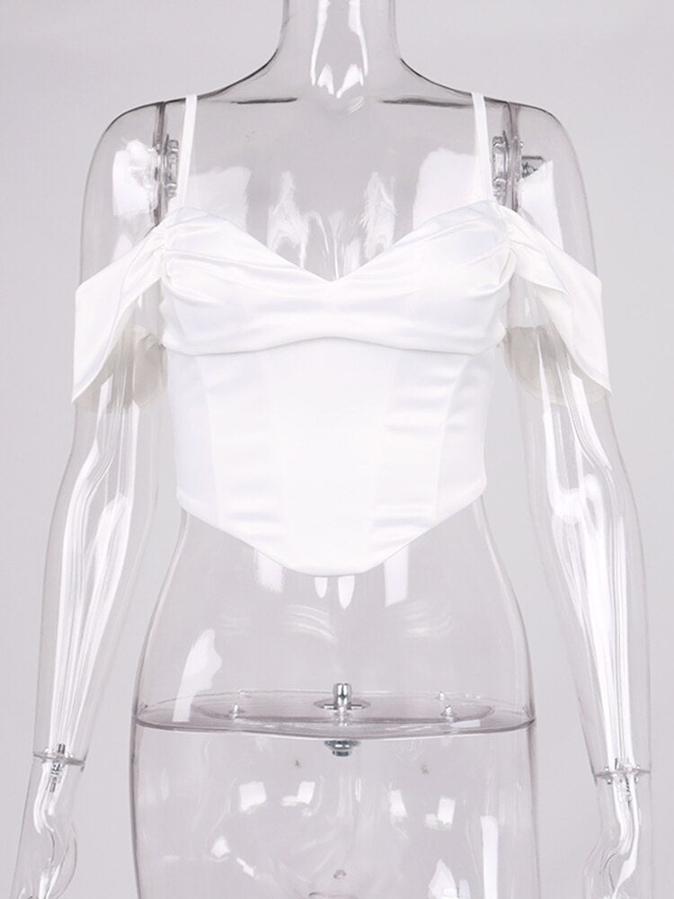 NewAsia Satin Off Shoulder Bustier Boning Corset Top 2 Layers Stretchable Cowl Neck Zipper Adjustable Strap Sexy Crop Tank Top