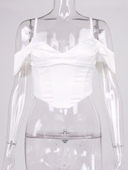 NewAsia Satin Off Shoulder Bustier Boning Corset Top 2 Layers Stretchable Cowl Neck Zipper Adjustable Strap Sexy Crop Tank Top