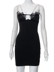 CHRONSTYLE Mesh Patchwork Push Up Women Dress Elegant Party Wear 2022 Sleeveless Strap Black Solid Color Short Mini Pencil Dress