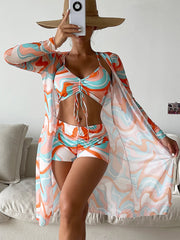 Tropical High Waist Bikini Three Pieces - Long Sleeve Cover Up Swimsuit Bathing Suit