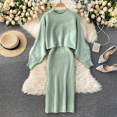 Elegant Slim Two Piece Sets Sweater Dress High Waist Knitted Ensemble Long Dress