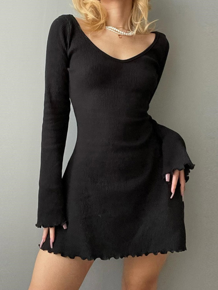 Backless Chic Solid Long Sleeve Autumn Dress