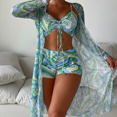 Tropical High Waist Bikini Three Pieces - Long Sleeve Cover Up Swimsuit Bathing Suit