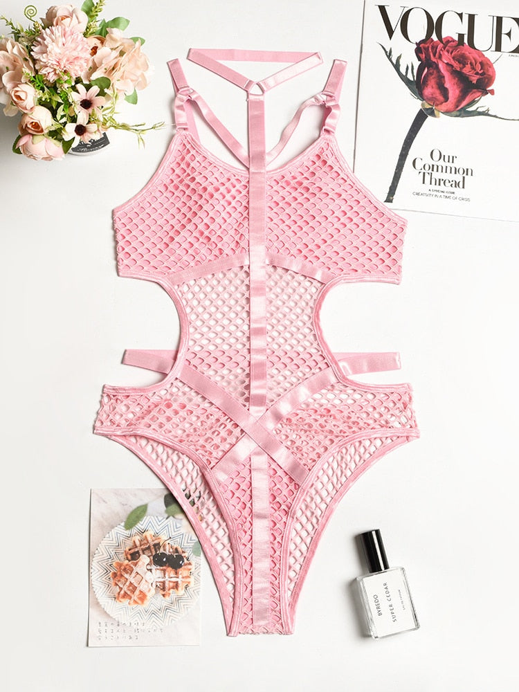 Morgana Fishnet Halter Cutout Bodysuit Lingerie