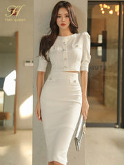 Queen 2 Pieces Set Single-breasted White Short Blouses + Pencil Skirt