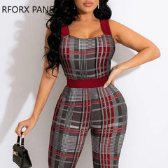 Women Elegant Casual Geo or Plaid Print Cami Sleeveless  Sexy Pencil Pants Jumpsuit