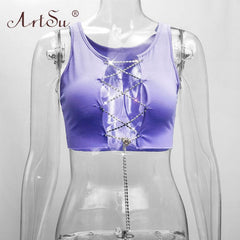 ArtSu Red Black White Metal Chain Sleeveless Crop Top Sexy Clubwear Women Adjustable Lace Up Hollow Out Tank Tops Tees Camisole