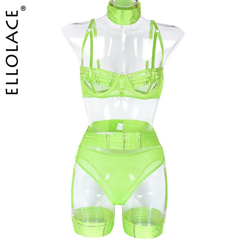Ellolace Sensual Lingerie Woman Hollow Out Erotic Brief Sets Push Upp Adjustable Buckle Bra Garters 5-Piece Lace Underwear Whuta