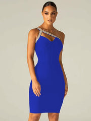 Sexy One Shoulder Diamond Hollow Bodycon Bandage Dress Elegant Crystal Strap Celebrity Club Party Black Dress vestido