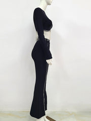 Women Winter Sexy Long Sleeve Black Tassel Crystal Sparkly Two Piece Bandage Set 2022 Celebrity Designer Fashion Women&#39;s Set
