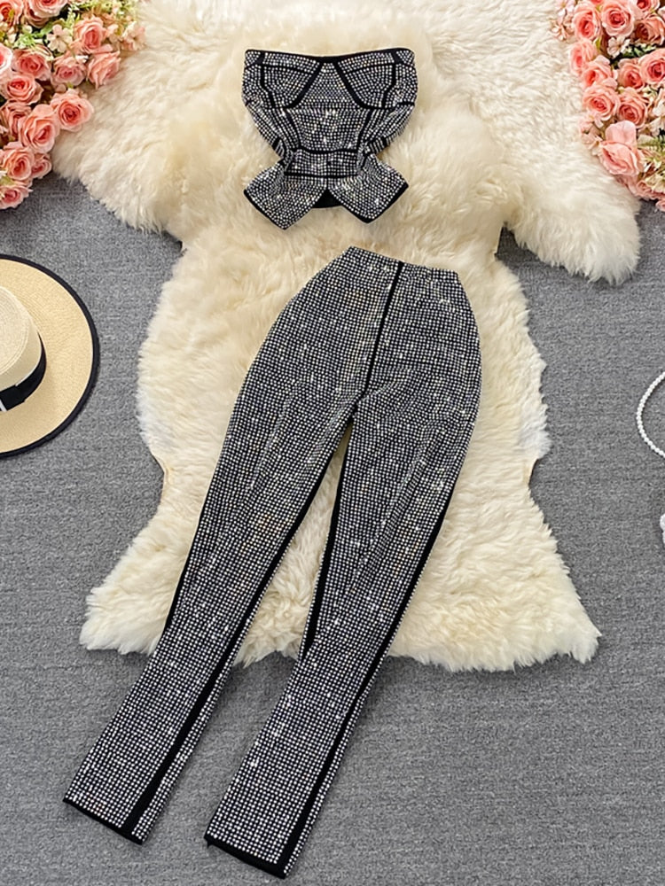 Sexy Women Black/White Diamonds Two Piece Set Party Slash Neck Off Shoulder Camis Tops + High Waist Pants Female Suit Autumn New Main image
