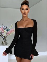 Sexy Mini Dress For Women Robe Two Layer Mesh Zipper Bodycon