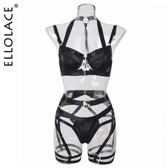 Ellolace Sexy Lingerie Fancy Underwear Erotic Garter Belt 4-Piece Intimate Goods Halter Bra With Bow Seductive Exotic Brief Sets