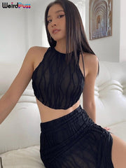 Weird Puss 2 Piece Set Patchwork Vacation Women Zipper Sleeveless Vest+Side Split Skirt Solid Stretch Skinny Sexy Matching Suit