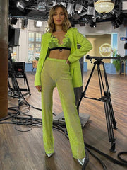 Articat Rhinestones Diamond Sexy Hollow Out Wide Leg Pants Women High Waist Transparent Casual Club Party Trousers Bottoms