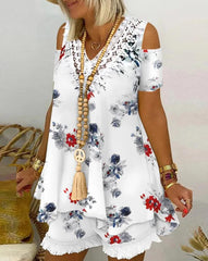 Shorts Set For Women 2022 Summer Casual Fashion Floral Print Cold Shoulder Tassel Flowy Short Sleeve Top &amp; Shorts Set
