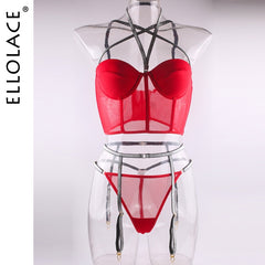 Ellolace Lingerie Sequin Lingerie Set Sexy Push up Bra 3 Piece Set Padded Women&#39;s Underwear Set Bra and Thong Sexy Lingerie