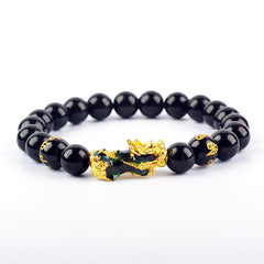 Unisex Stone Beads Bracelet Wristband Gold Color Six Character Proverbs Wealth and Good Luck