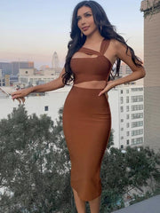 Women Summer Sexy Hollow Out Brown Midi Knee Length Bodycon Bandage Dress 2022 Designer Elegant Evening Party Dress Vestido