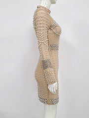 High Quality Celebrity Khaki Pearl Beading Hollow Out Dress Women Long Sleeve Sexy Bodycon Club Party Dresses Vestidos 2022