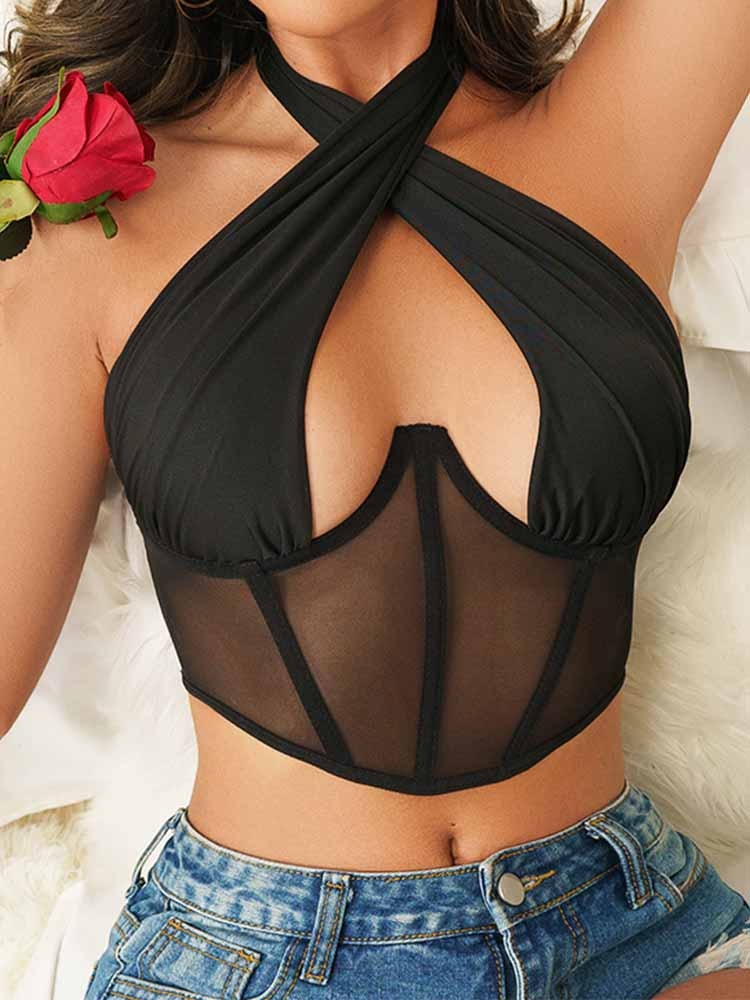 Sexy Cross Halter Corset Bustier Mesh Bone Tank Tops Women Tie Up Wrap Tube Tops Backless Slim Fit Cut Out Front Tops Main image