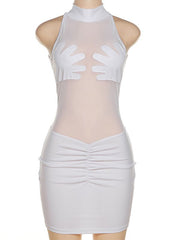 Cryptographic Summer Sleeveless Mesh Sheer Dress for Women Party Club Outfits Elegant Sexy Backless Mini Dresses Bodycon Clothes