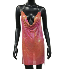 Backless Sequin Short Dress Metalic Split Mesh Low Cut Mini Dress