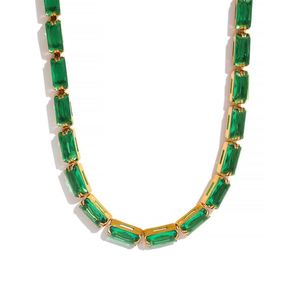 Waterproof Fashion White Green Cubic Zirconia Stainless Steel Gorgeous Necklace