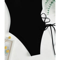 Solid High Cut Swimwear Sexy Backless Cross Hollow Tied One Piece Swimsuit