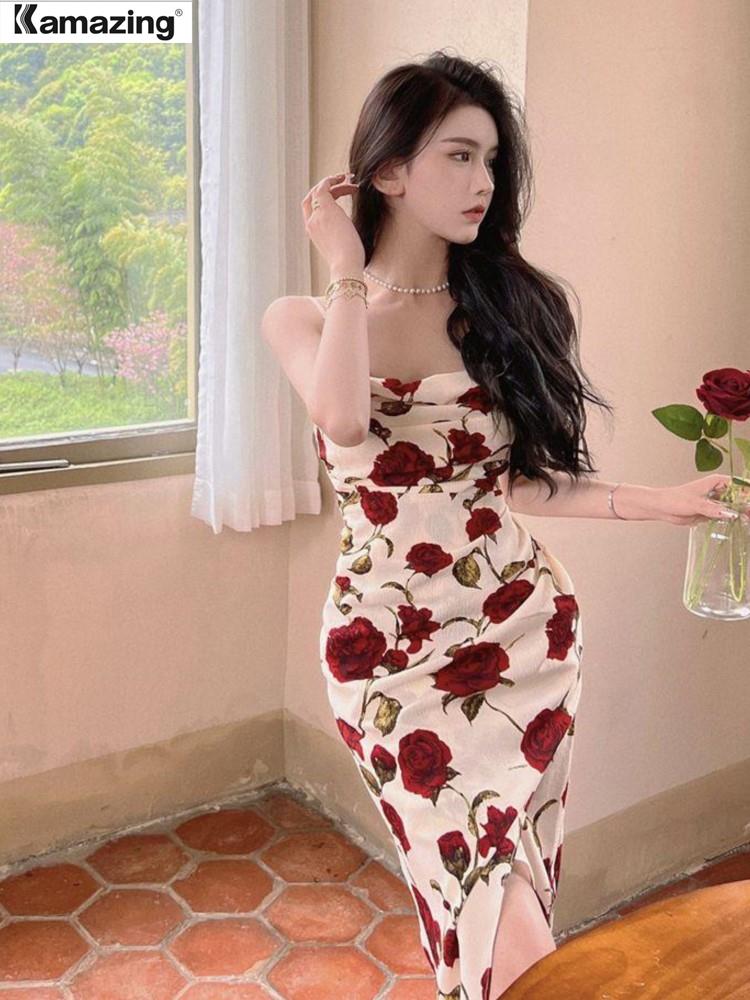 Summer Elegant Vintage Midi Spaghetti Strap Rose Dress For Women Maxi Fashion One Piece Bodycon Beach Party Robe Vestidos