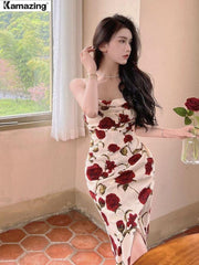 Summer Elegant Vintage Midi Spaghetti Strap Rose Dress For Women Maxi Fashion One Piece Bodycon Beach Party Robe Vestidos