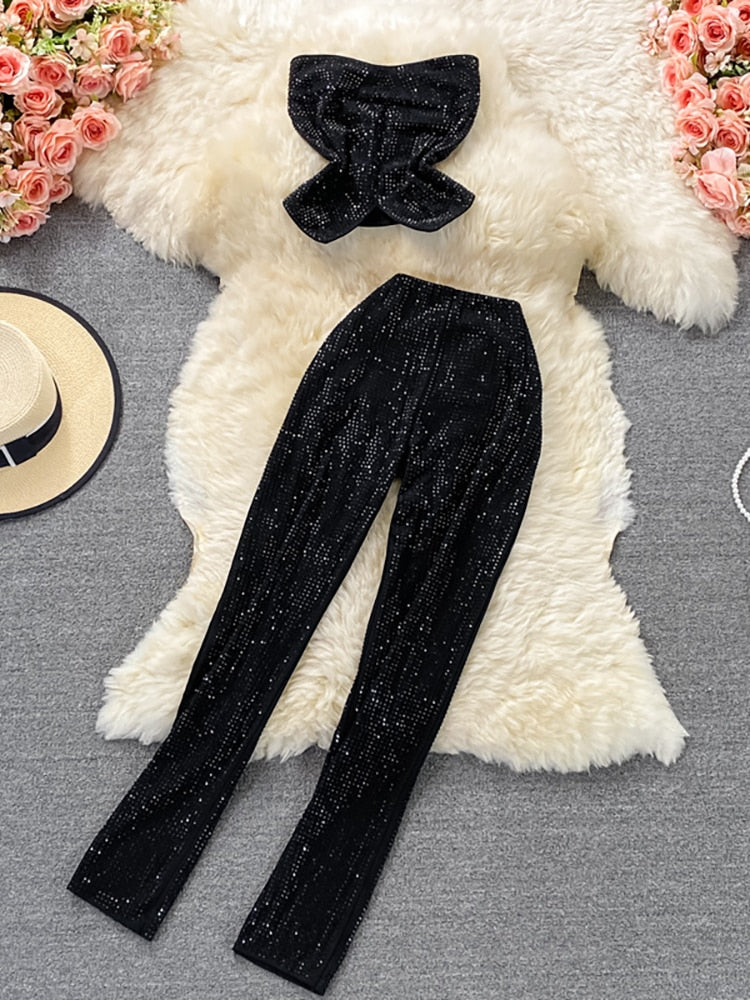 Sexy Women Black/White Diamonds Two Piece Set Party Slash Neck Off Shoulder Camis Tops + High Waist Pants Female Suit Autumn New Secondary image