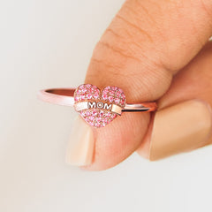 Aesthetic Zircon Heart Ring for Mom With Card Vintage Engraved Letter Pink Crystal Adjustable Rings Mother&#39;s Day Gift Jewelry