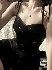 Summer Y2K Retro Floral Strap Bow Black Dress Mini Fashion Aesthetic Club Party Sexy Dresses for Women A-line Outfits