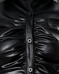 Tops Women 2022 Trendy Fashion Plain PU Leather Ruched Button Down Casual Long Sleeve Skinny Shirt All-Match Female