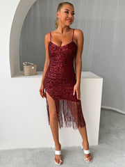 Yissang Split Thigh Fringe Hem Sequin Bodycon Dress