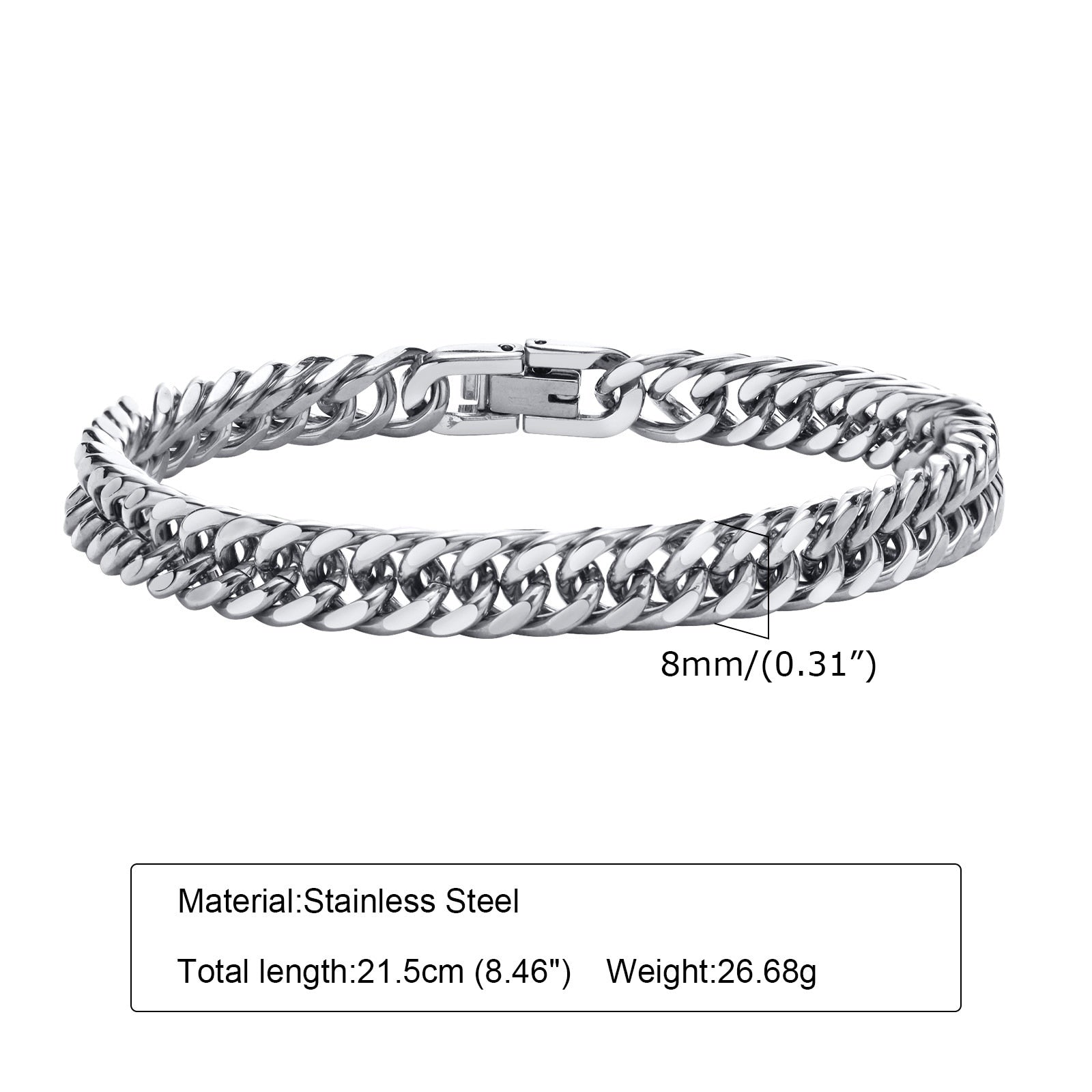 Vnox Men&#39;s Stainless Steel 8MM Link Chain Miami Cuban Bracelets for Male Boys Gifts Jewelry, Length 19cm/21.5cm