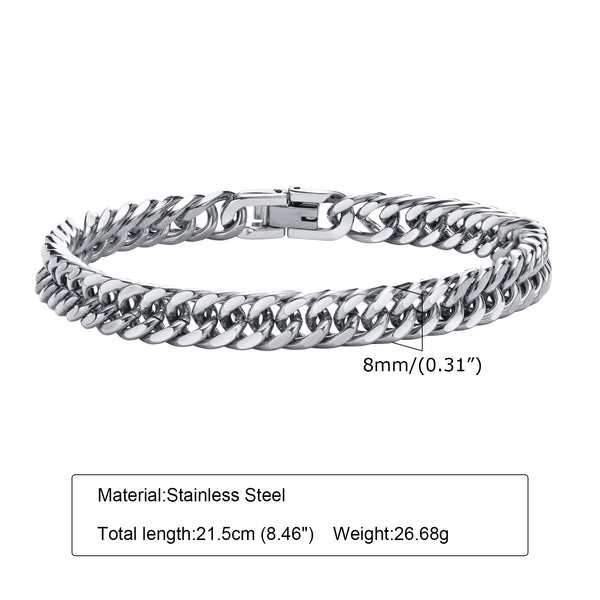 Vnox Men's Stainless Steel 8MM Link Chain Miami Cuban Bracelets for Male Boys Gifts Jewelry, Length 19cm/21.5cm