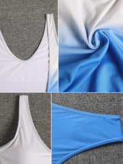 White Blue Gradient Crinkle High Cut Thong Swimsuit One Piece