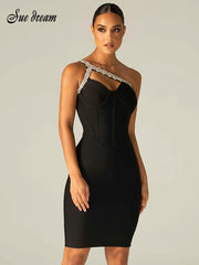 Sexy One Shoulder Diamond Hollow Bodycon Bandage Dress Elegant Crystal Strap Celebrity Club Party Black Dress vestido